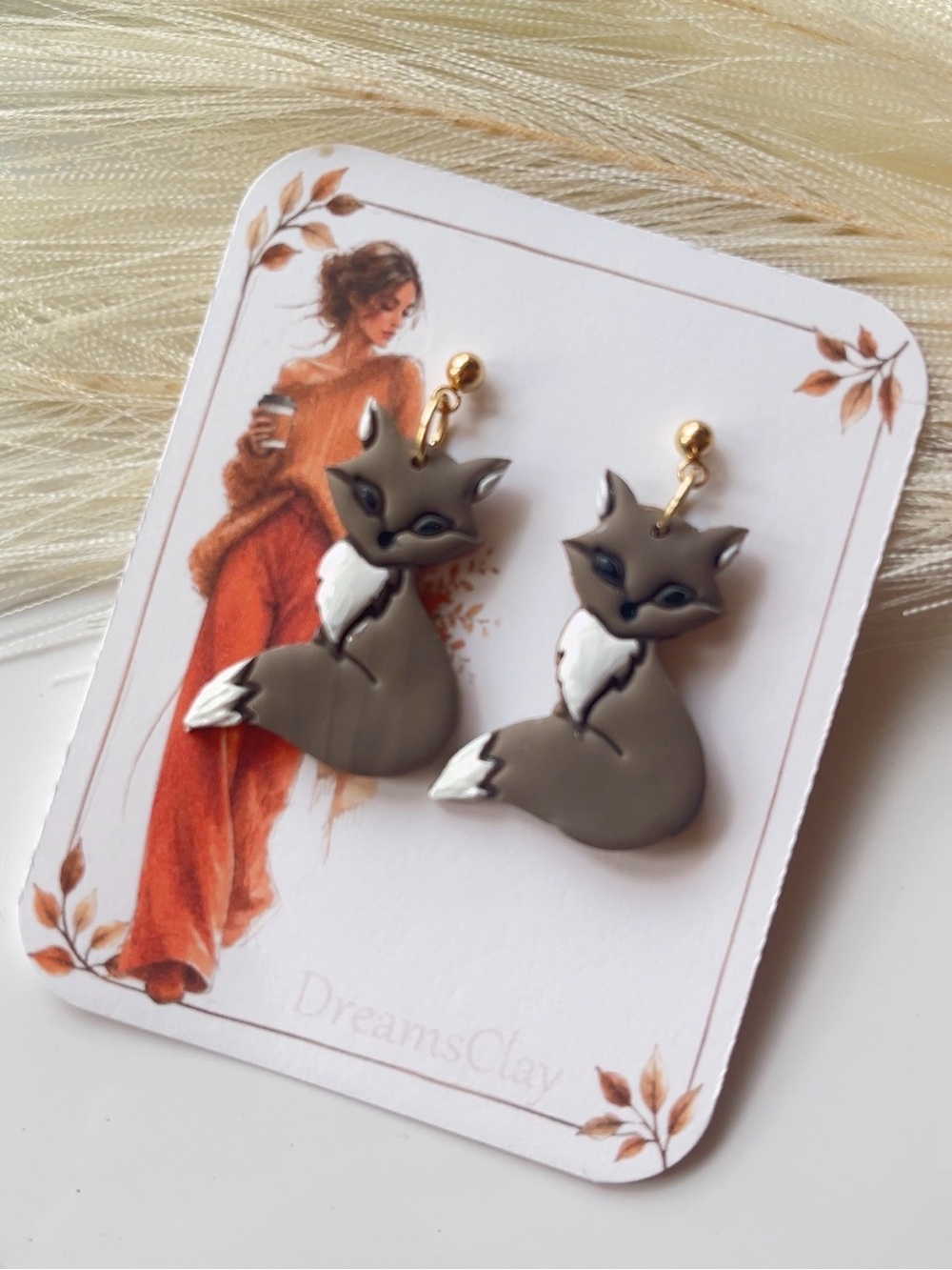 Gray Fox Dangle Earrings with White Accents